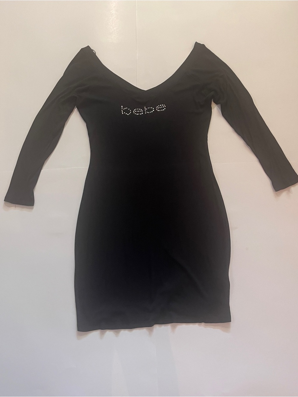 bebe Black Long-Sleeve V-Neck Bodycon Dress with Rhinestone Logo
